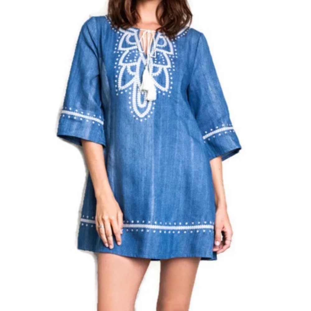 Umgee Chambray Denim Tunic Dress Embroidered Bohemian Festival Medium